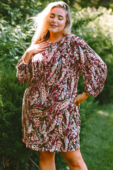 Plus Size Printed Round Neck Long Sleeve Mini Dress - Flyclothing LLC