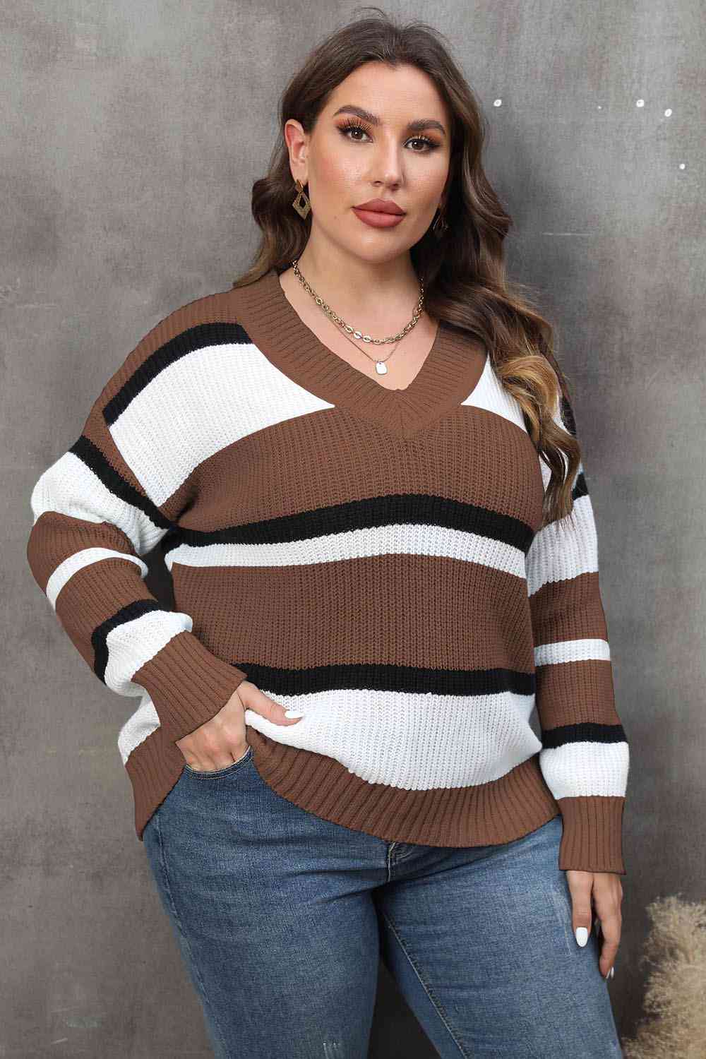 Plus Size Striped V-Neck Dropped Shoulder Sweater - Flyclothing LLC