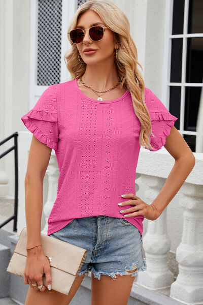 Eyelet Round Neck Petal Sleeve T-Shirt - Flyclothing LLC