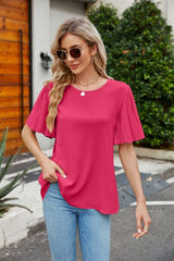 Pleated Flutter Sleeve Round Neck Blouse - Flyclothing LLC