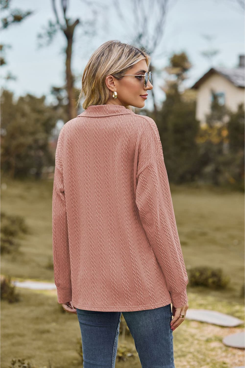 Collared Neck Cable-Knit Long Sleeve Blouse - Flyclothing LLC