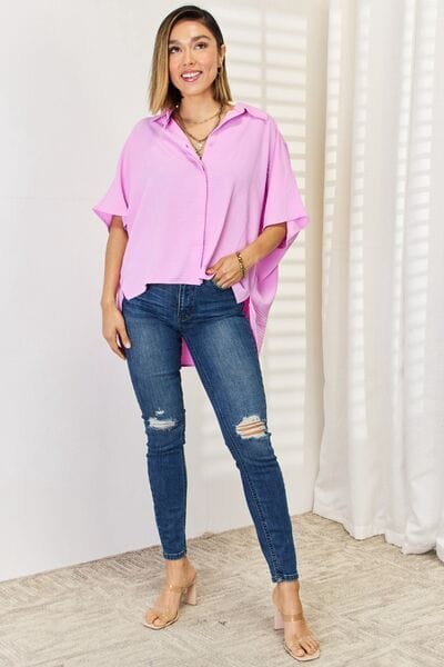 Zenana Texture Button Up Short Sleeve High-Low Shirt - Flyclothing LLC