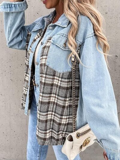 Plaid Button Up Dropped Shoulder Jacket - Flyclothing LLC