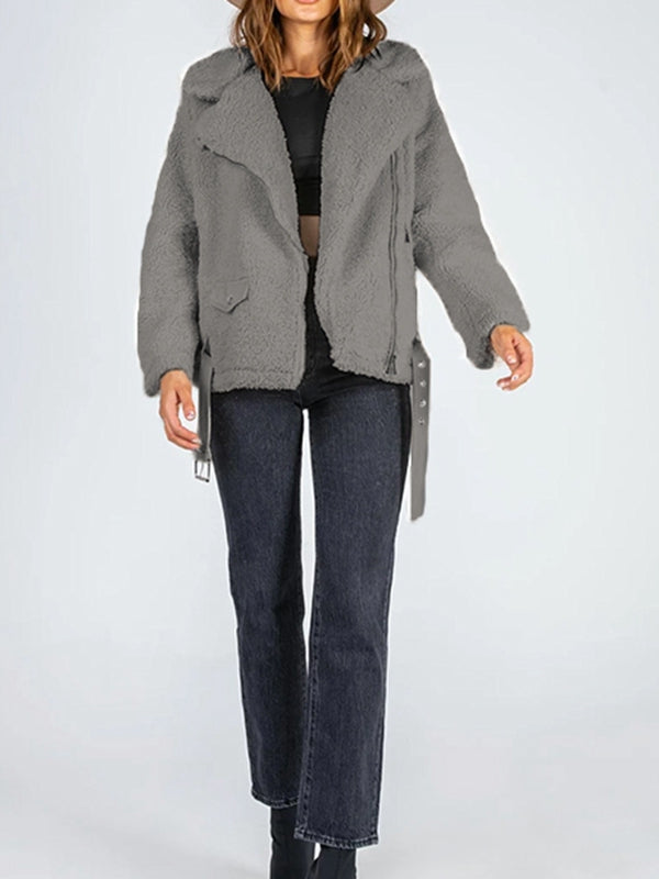 Zip-Up Belted Sherpa Jacket - Flyclothing LLC