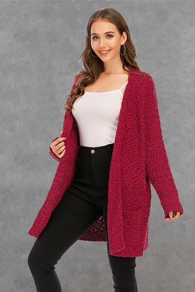 Pocketed Open Front Long Sleeve Cardigan - Flyclothing LLC