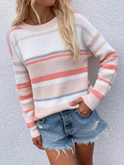 Striped Drop Shoulder Round Neck Pullover Sweater - Flyclothing LLC