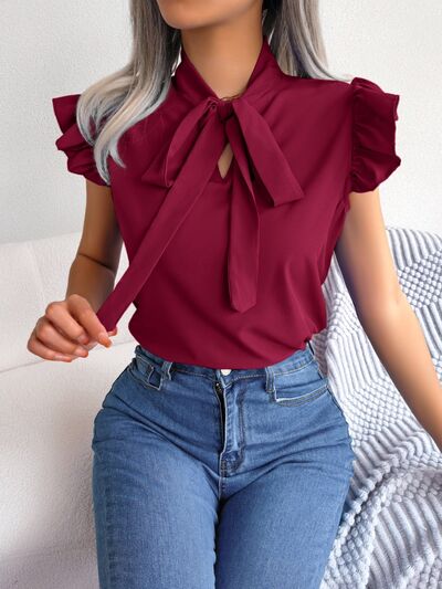 Tie  Neck Cap Sleeve Blouse - Flyclothing LLC