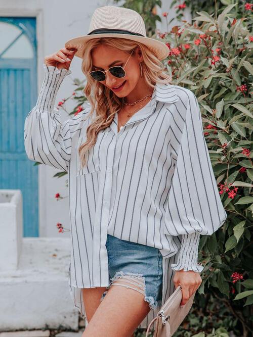 Striped Collared Neck Lantern Sleeve Shirt - Flyclothing LLC