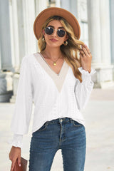 Contrast V-Neck Flounce Sleeve Top - Trendsi