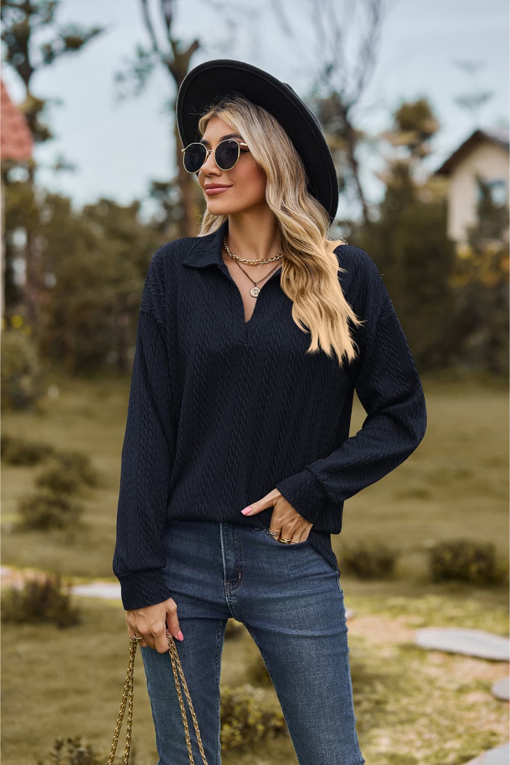 Collared Neck Cable-Knit Long Sleeve Blouse - Flyclothing LLC