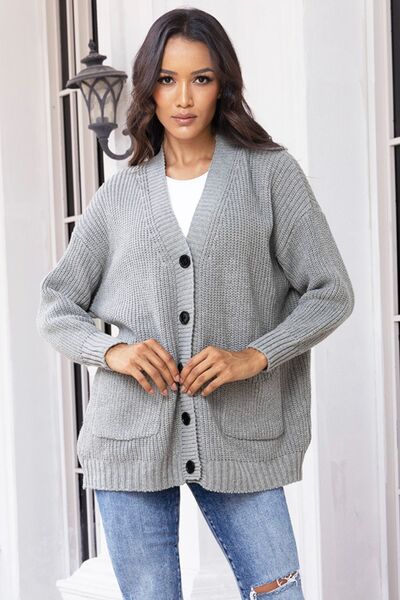 Button Up Long Sleeve Cardigan with Pockets - Flyclothing LLC