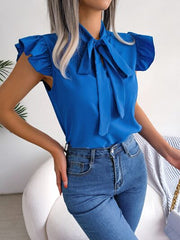 Tie  Neck Cap Sleeve Blouse - Flyclothing LLC