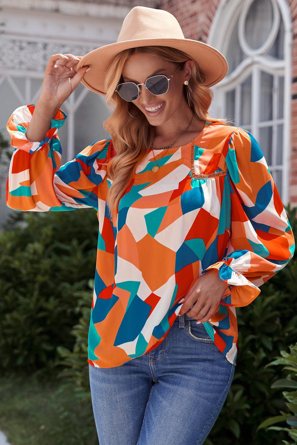 Geometric Flounce Sleeve Blouse - Flyclothing LLC