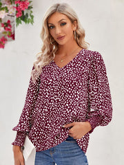 Printed V-Neck Lantern Sleeve Blouse - Flyclothing LLC