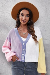 Color Block Button Up V-Neck Knit Top - Flyclothing LLC