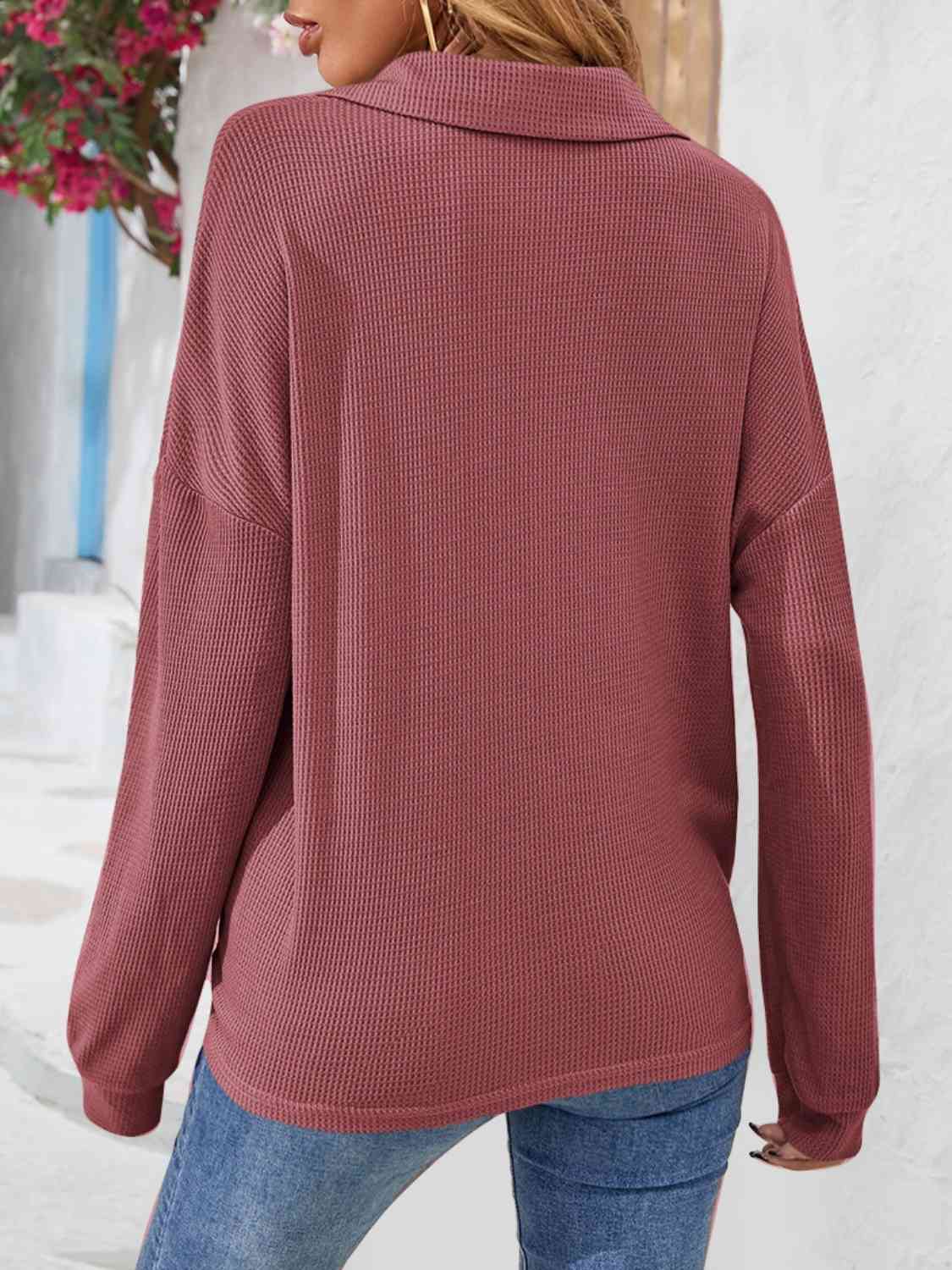 Half Button Collared Neck Long Sleeve Top - Flyclothing LLC