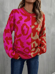 Round Neck Contrast Color Dropped Shoulder Sweater - Flyclothing LLC