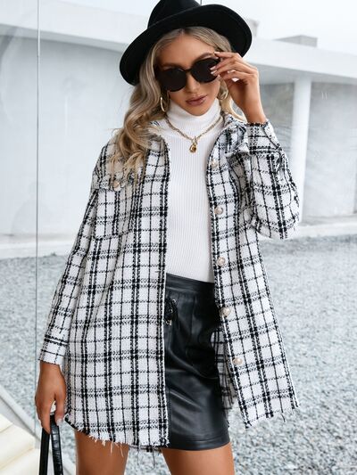 Plaid Pocketed Button Up Dropped Shoulder Jacket - Flyclothing LLC