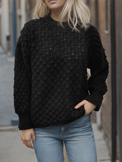 Openwork Round Neck Long Sleeve Sweater - Flyclothing LLC