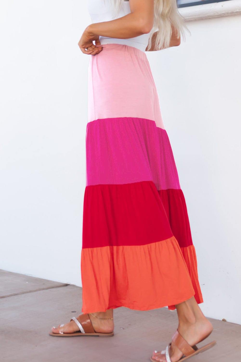 Color Block Tiered Maxi Skirt - Flyclothing LLC