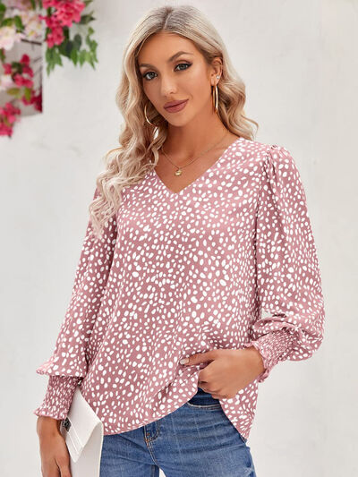 Printed V-Neck Lantern Sleeve Blouse - Flyclothing LLC