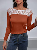 Lace Trim Long Sleeve Round Neck Tee - Trendsi