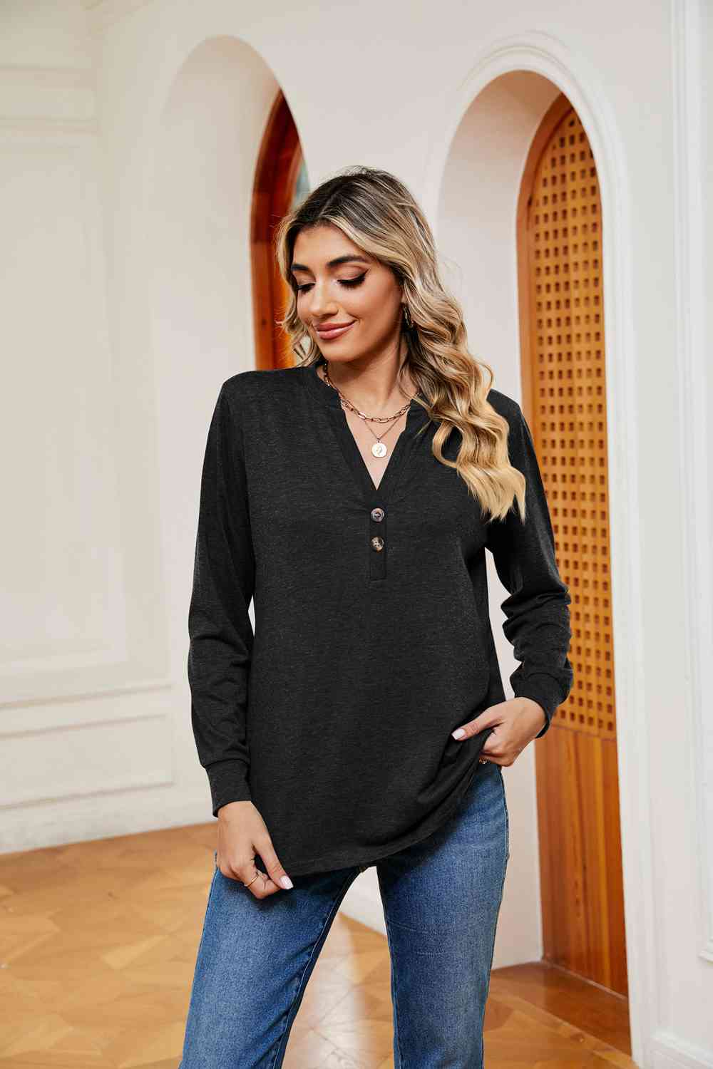 Buttoned Notched Neck Long Sleeve Top - Flyclothing LLC