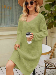 V-Neck Long Sleeve Sweater Dress - Flyclothing LLC