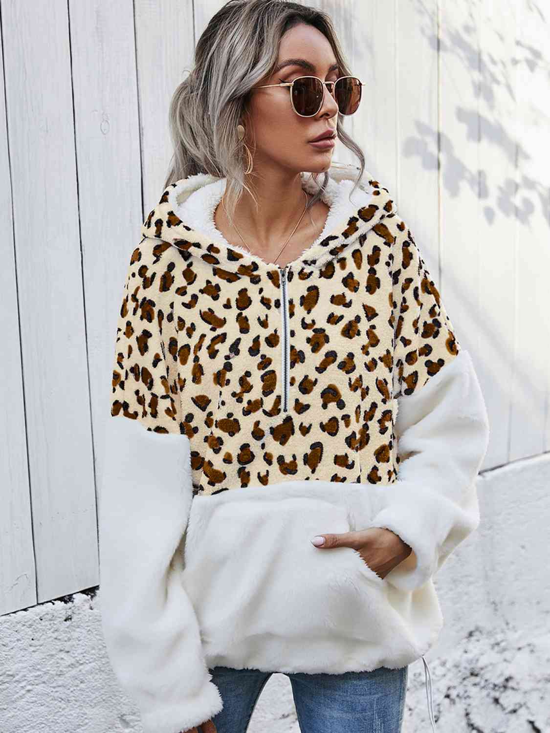 Leopard Half-Zip Dropped Shoulder Hoodie - Flyclothing LLC