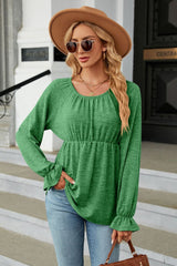 Round Neck Flounce Sleeve Blouse - Flyclothing LLC