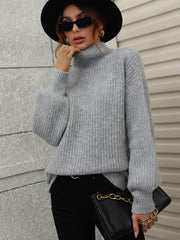 High Neck Balloon Sleeve Rib-Knit Pullover Sweater - Flyclothing LLC