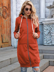 Full Size Zip-Up Longline Hoodie with Pockets - Trendsi