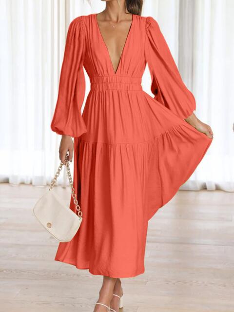 Deep V-Neck Balloon Sleeve Plain Maxi Dress - Flyclothing LLC