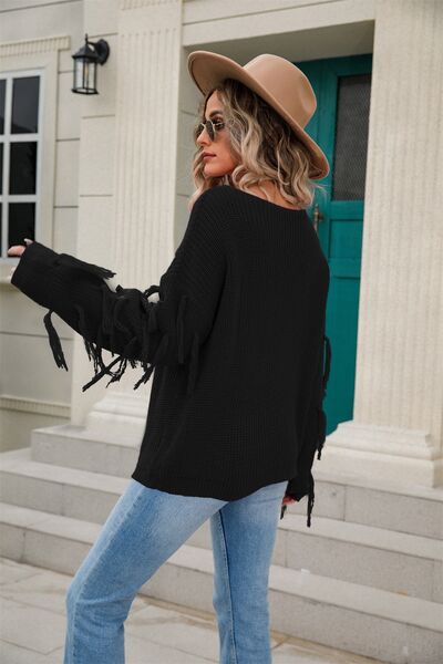 Fringe Round Neck Dropped Shoulder Sweater - Flyclothing LLC