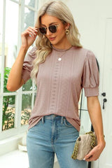 Openwork Round Neck Short Sleeve Blouse - Flyclothing LLC