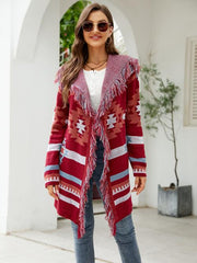 Fringe Geometric Hooded Long Sleeve Cardigan - Flyclothing LLC