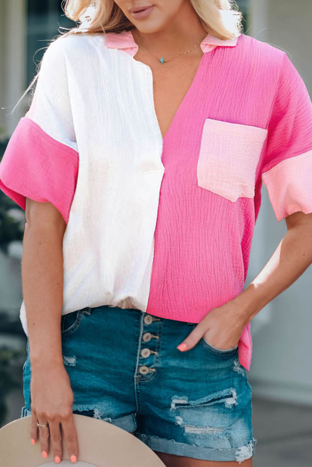 Color Block Textured Johnny Collar Blouse - Flyclothing LLC