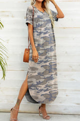 Printed V-Neck Curved Hem Dress - Flyclothing LLC