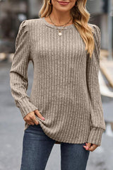 Ribbed Round Neck Long Sleeve Knit Top - Trendsi