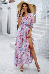 Printed Tied Half Sleeve Slit Dress - Flyclothing LLC