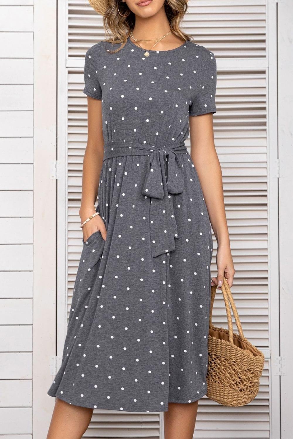 Belted Tee Dress With Pockets - Trendsi