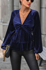 Twisted Layered Plunge Raglan Sleeve Blouse - Flyclothing LLC