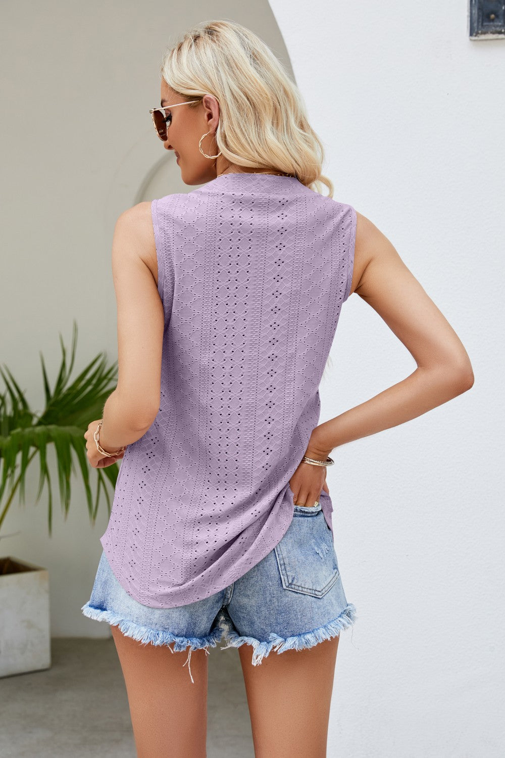 Notched Neck Curved Hem Eyelet Tank - Flyclothing LLC