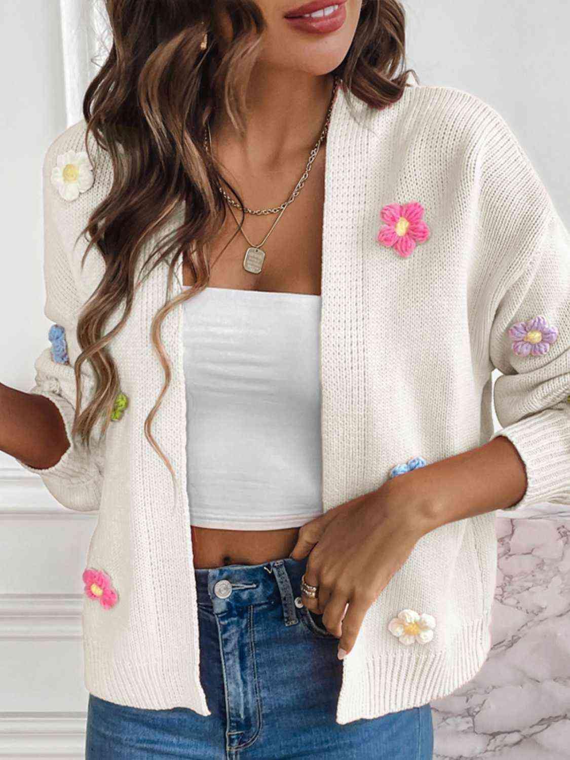 Floral Long Sleeve Open Front Cardigan - Trendsi