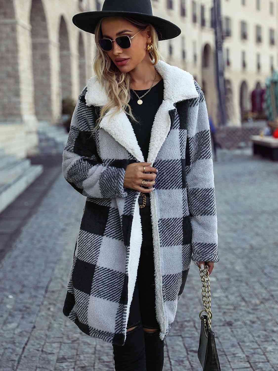 Plaid Open Front Coat with Pockets - Flyclothing LLC