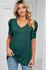 Heathered V-Neck Puff Sleeve T-Shirt - Flyclothing LLC