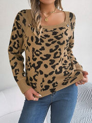 Leopard Buttoned Square Neck Sweater - Flyclothing LLC