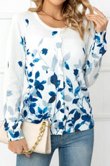 Floral Button Front Round Neck Cardigan - Flyclothing LLC