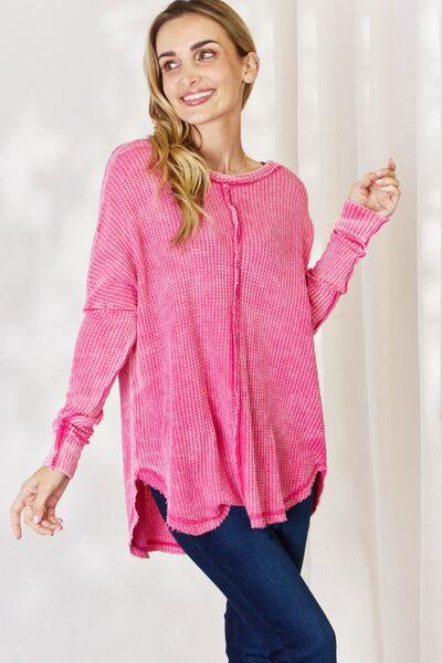 Zenana Oversized Washed Waffle Long Sleeve Top - Flyclothing LLC