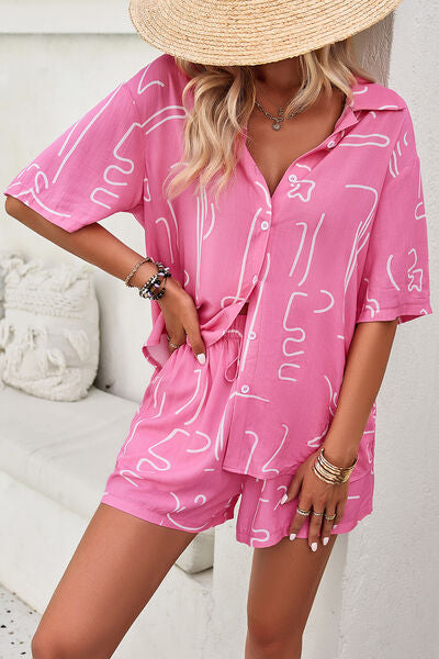 Printed Button Up Shirt and Shorts Set - Flyclothing LLC